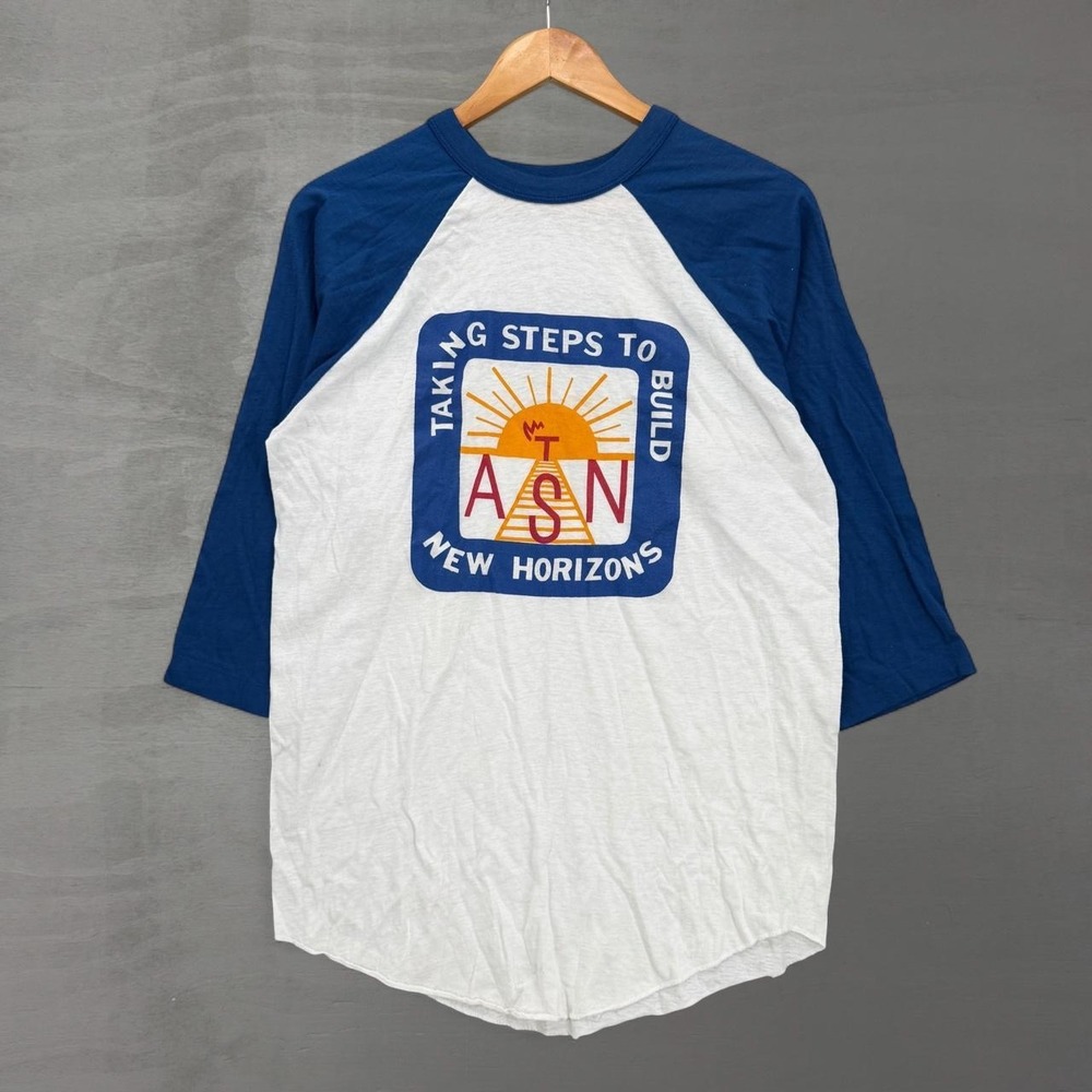 Vintage 80s Raglan Baseball Tee Blue White ASN Sun Graphic XL